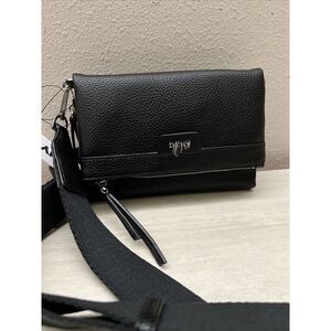 DKNY Black Nyra Trifold Crossbody Bag   Convertible To Clutch Pebbled Finish